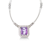 Emerald Cut Amethyst and Diamond Necklace, 14K White Gold