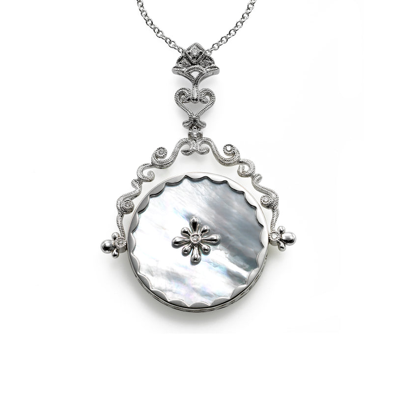Reversible Charm, Mother of Pearl With Diamonds, 14K White Gold