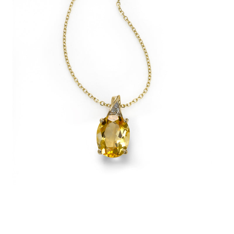 Oval Citrine and Diamond Pendant, 14K Yellow Gold