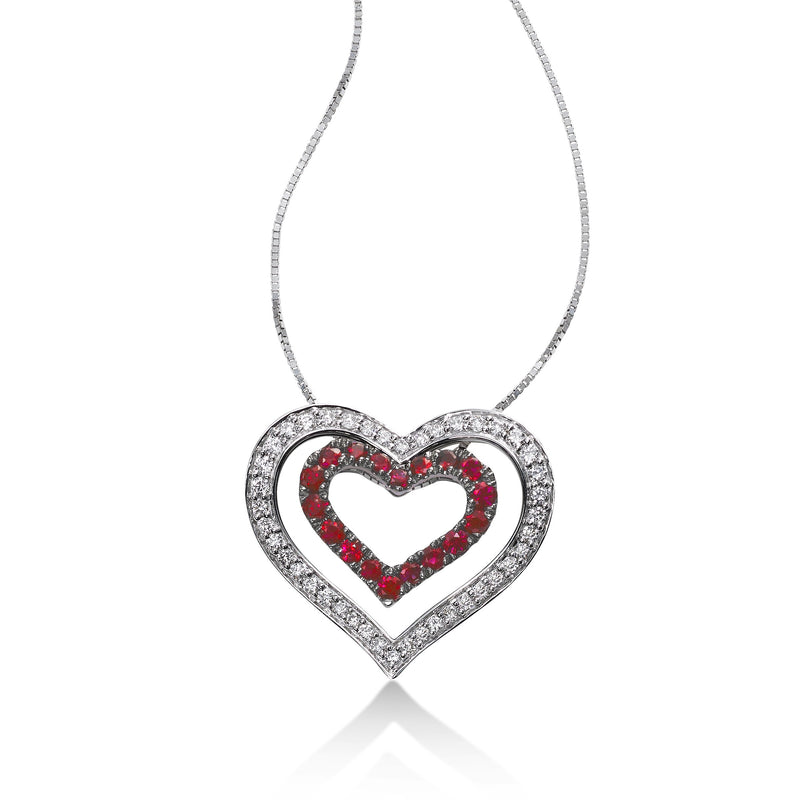 Diamond and Ruby Nested Heart Pendant, 14K White Gold