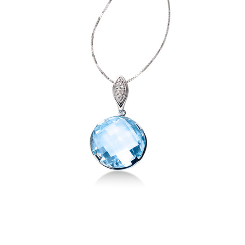 Bezel Set Blue Topaz and Diamond Pendant, 14K White Gold