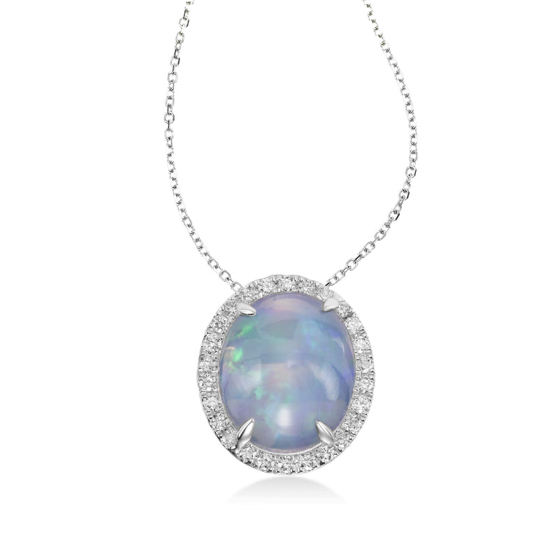Opal and Diamond Halo Oval Pendant, 14K White Gold