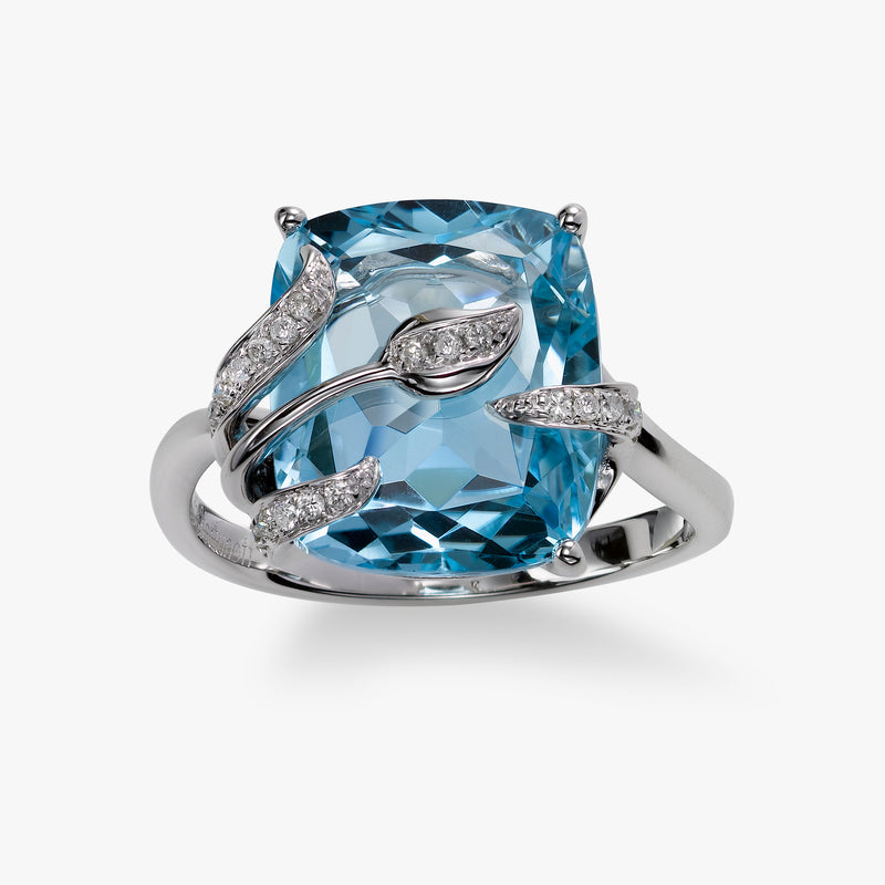 Leaf Design Blue Topaz and Diamond Ring, 14K White Gold