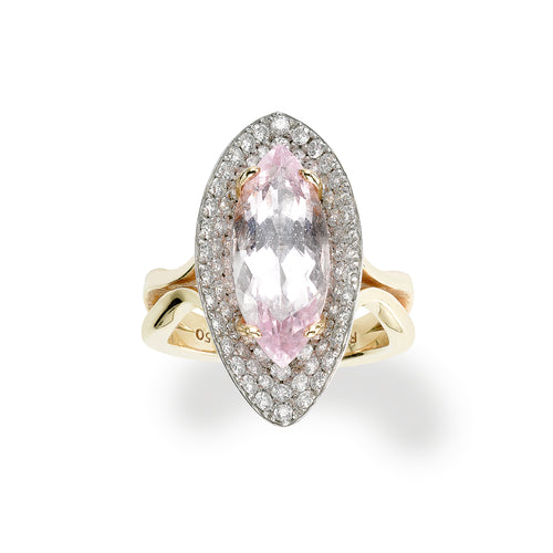 Rare Pink Morganite Marquise Shape Ring, Platinum and 18K Yellow Gold