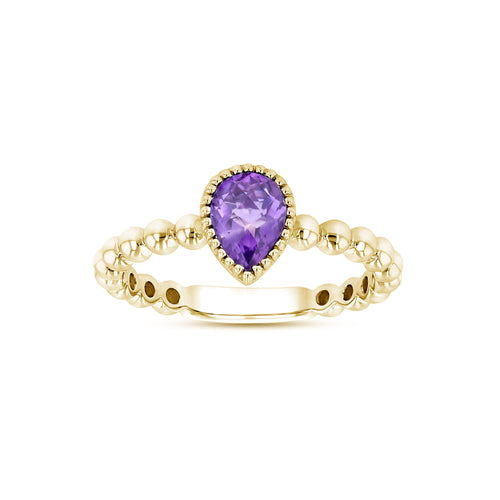 Bead Design Pear Shape Amethyst Ring, 14K Yellow Gold