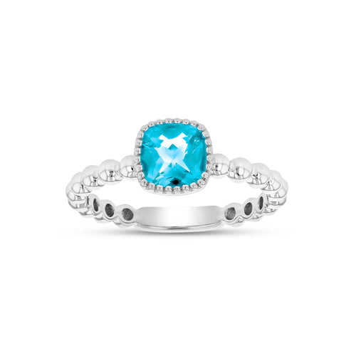 Bead Design Cushion Shape Blue Topaz Ring, 14K White Gold