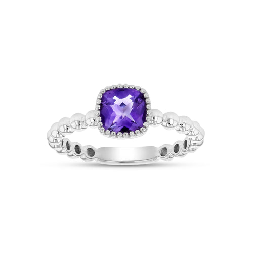 Bead Design Cushion Shape Amethyst Ring, 14K White Gold