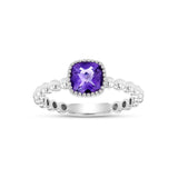 Bead Design Cushion Shape Amethyst Ring, 14K White Gold