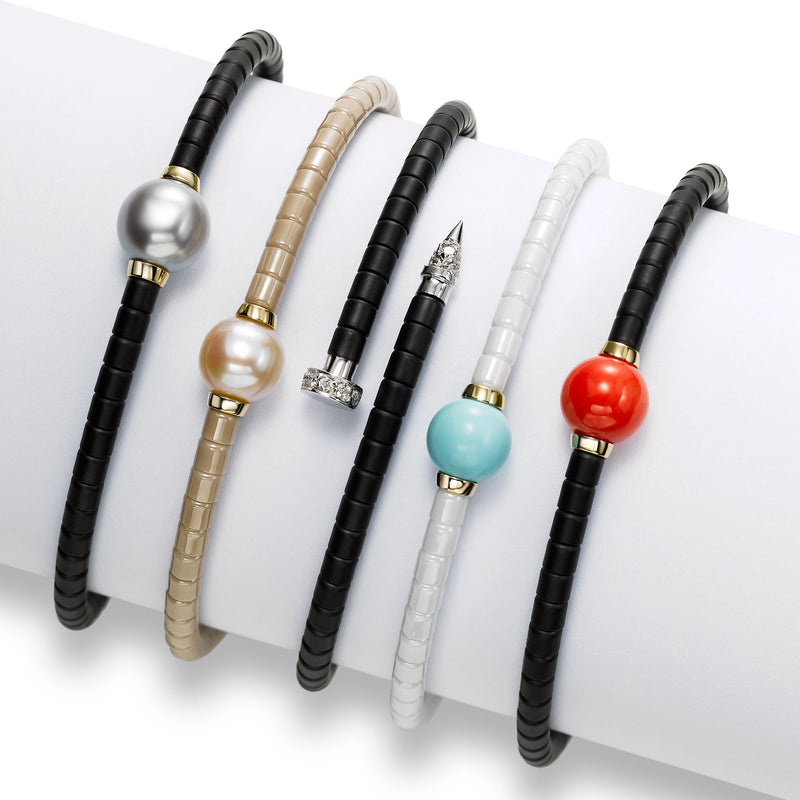 White Ceramic Bead Bracelet with Turquoise Bead, 18K Yellow Gold