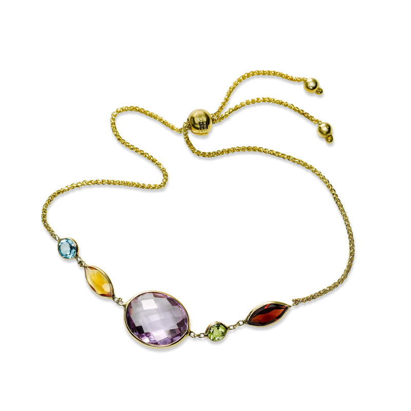 Multi Color Gemstone Bolo Bracelet, 14K Yellow Gold