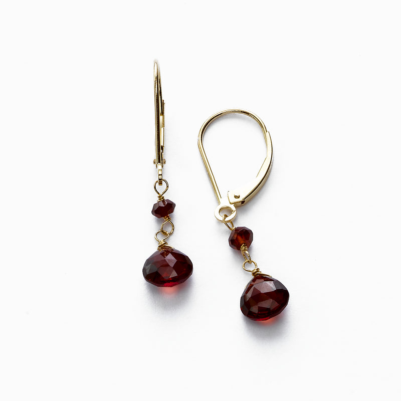 Small Garnet Briolette Drop Dangle, 14K Yellow Gold