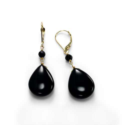 Black Onyx Teardrop Earrings, 14K Yellow Gold
