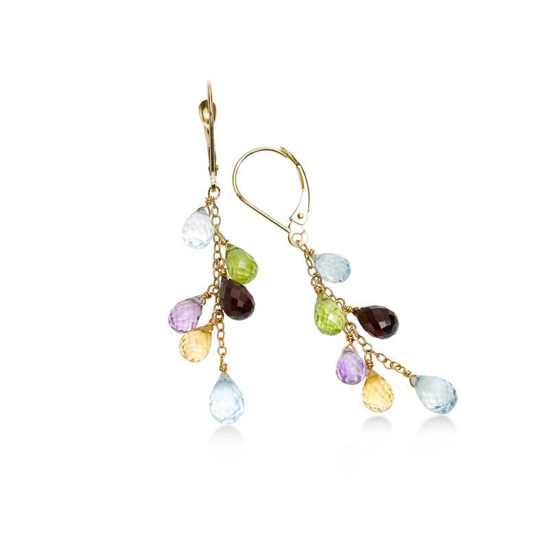 Multi Gemstone Briolette Dangle Earrings, 14K Yellow Gold