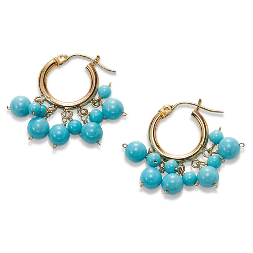 Turquoise Dangle Hoop Earrings, 14K Yellow Gold