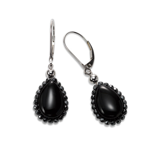 Black Onyx and Hematite Drop Earrings, 14K White Gold