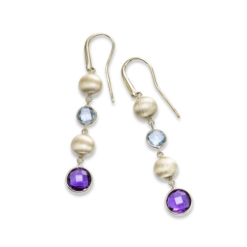 Amethyst, Blue Topaz and Bead Drop Earrings, 14K Yellow Gold