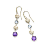 Amethyst, Blue Topaz and Bead Drop Earrings, 14K Yellow Gold