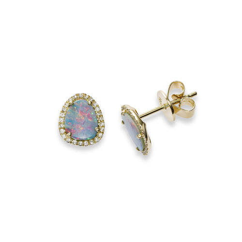 Black Opal and Diamond Halo Earrings, 14K Yellow Gold