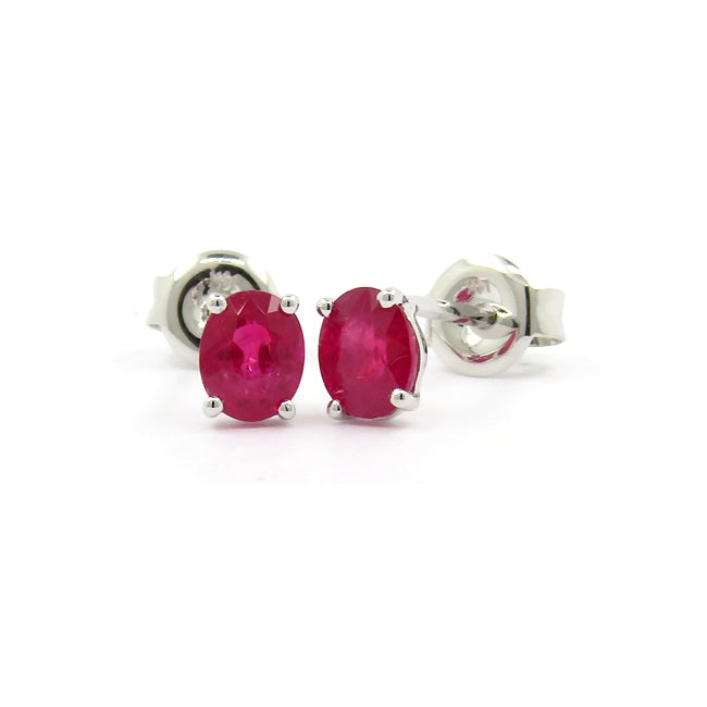 Oval Ruby Stud Earrings, 14K White Gold