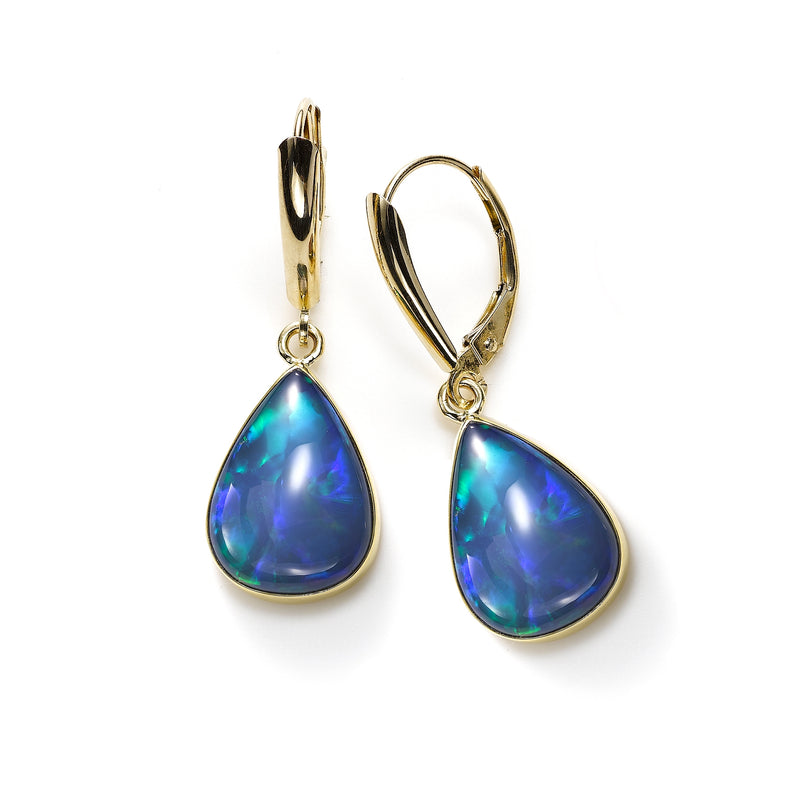 Ethiopian Opal Dangle Earrings, Bezel Set, 14K and 22K Yellow Gold