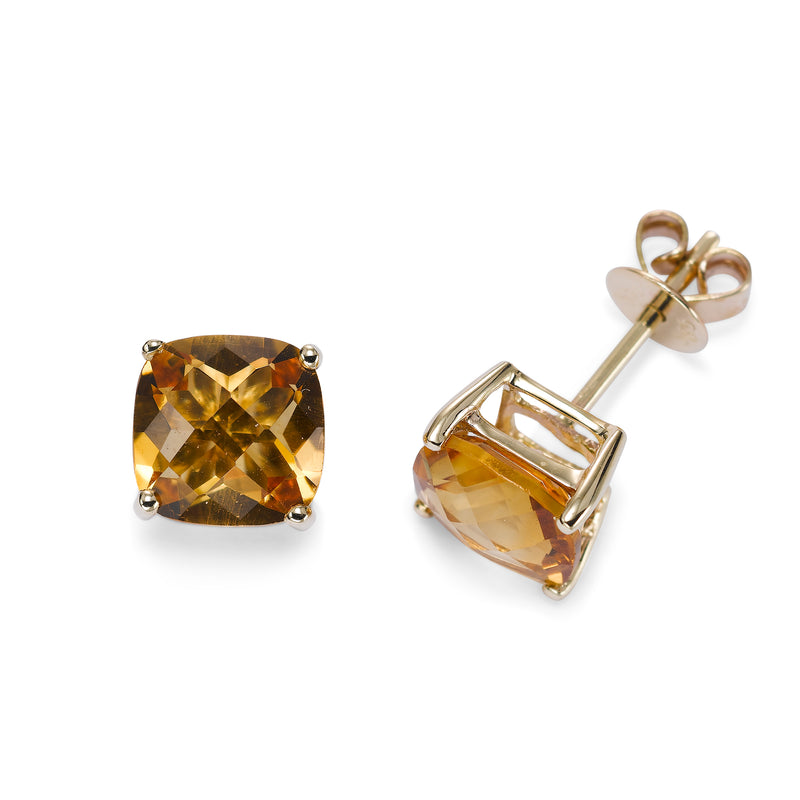 Cushion Cut Citrine Stud Earrings, 14K Yellow Gold