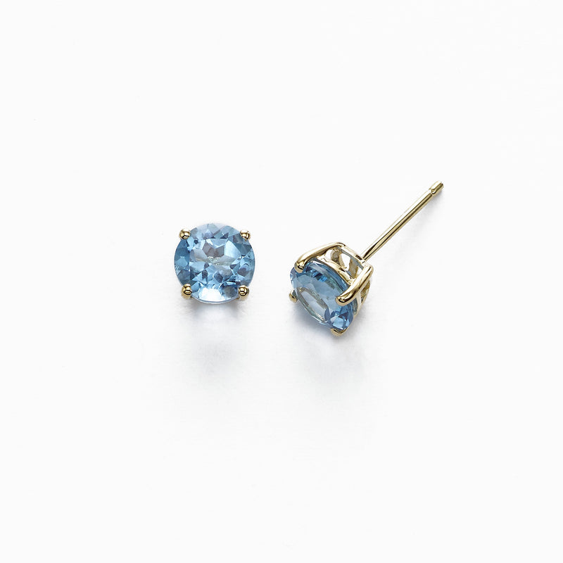 Round Blue Topaz Stud Earrings, 6 MM, 14K Yellow Gold