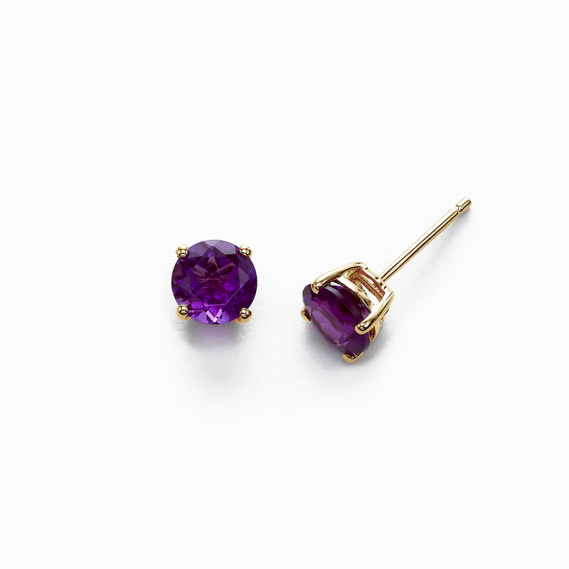 Round Amethyst Stud Earrings, 6MM, 14K Yellow Gold