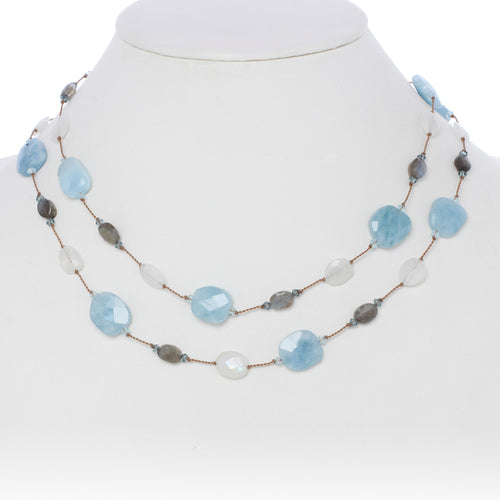 Aquamarine and Gemstone Necklace, 35 Inches, Sterling Silver