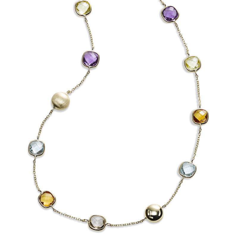 Multi Stone Cushion Shape Station Necklace, 14K Yellow Gold
