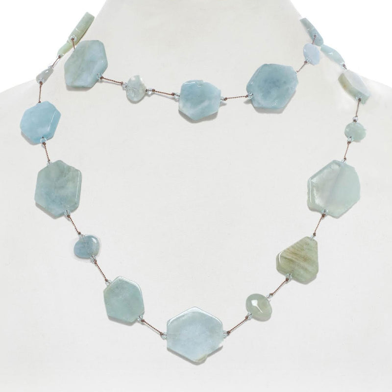 Hexagon Shape Aquamarine Necklace, 35 Inches, Sterling Silver
