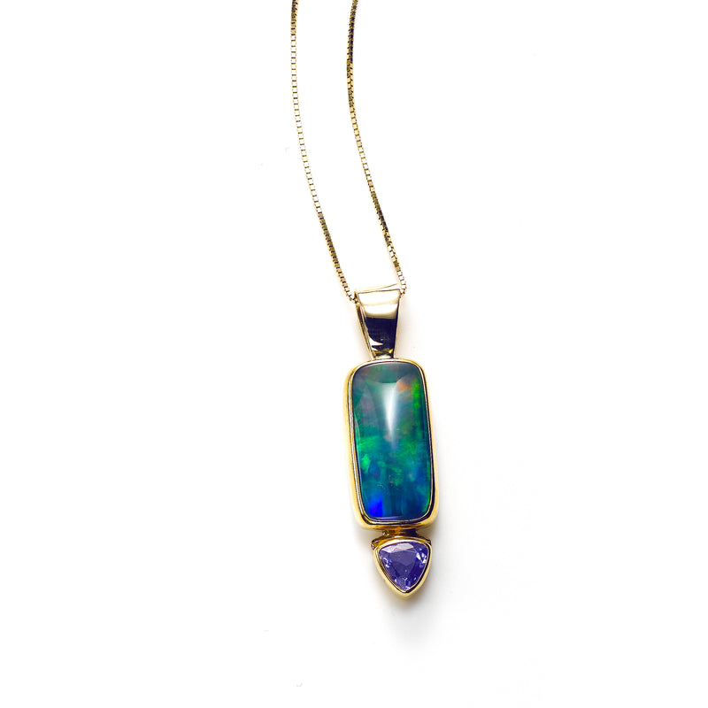 Ethiopian Opal with Tanzanite Pendant, 14K Yellow Gold