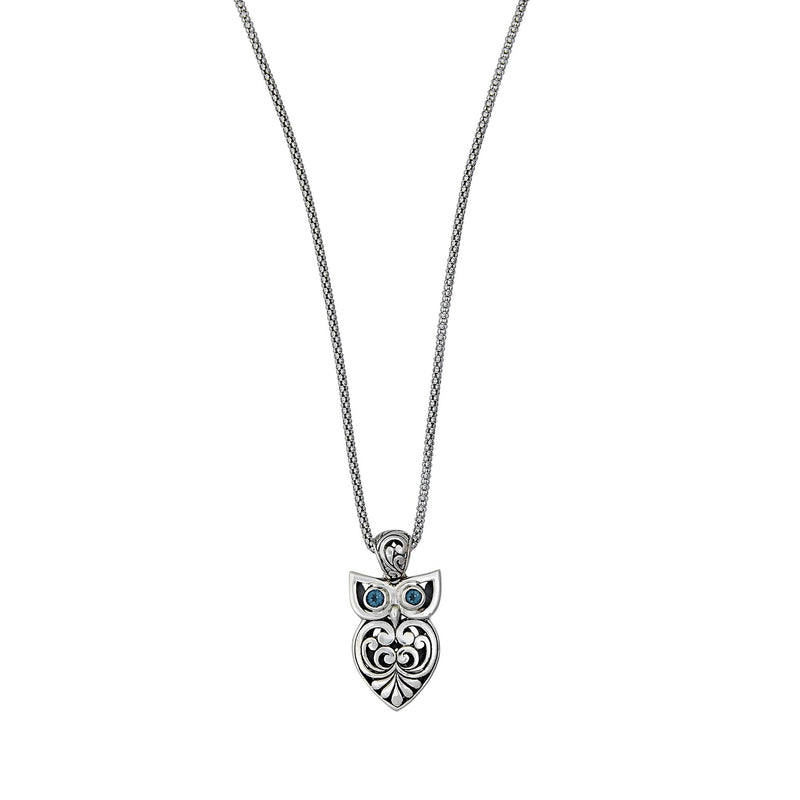 Owl Design Pendant with Blue Topaz, Sterling Silver