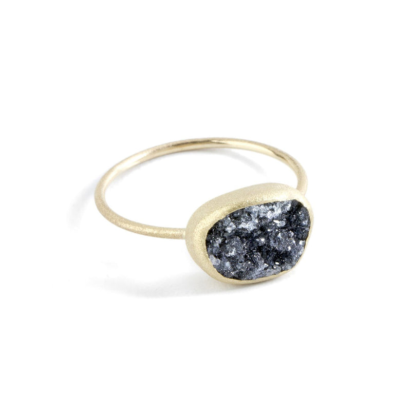Black Druzy Ring, 14K Yellow Gold
