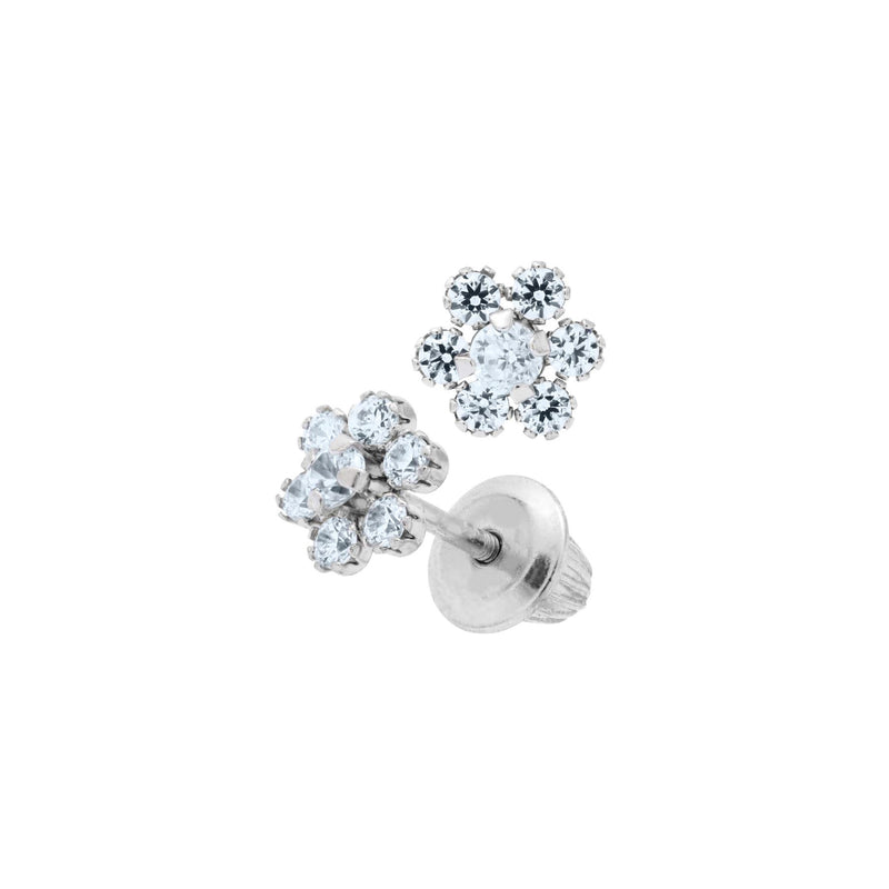Child's Cubic Zirconia Flower Earrings, 14K White Gold