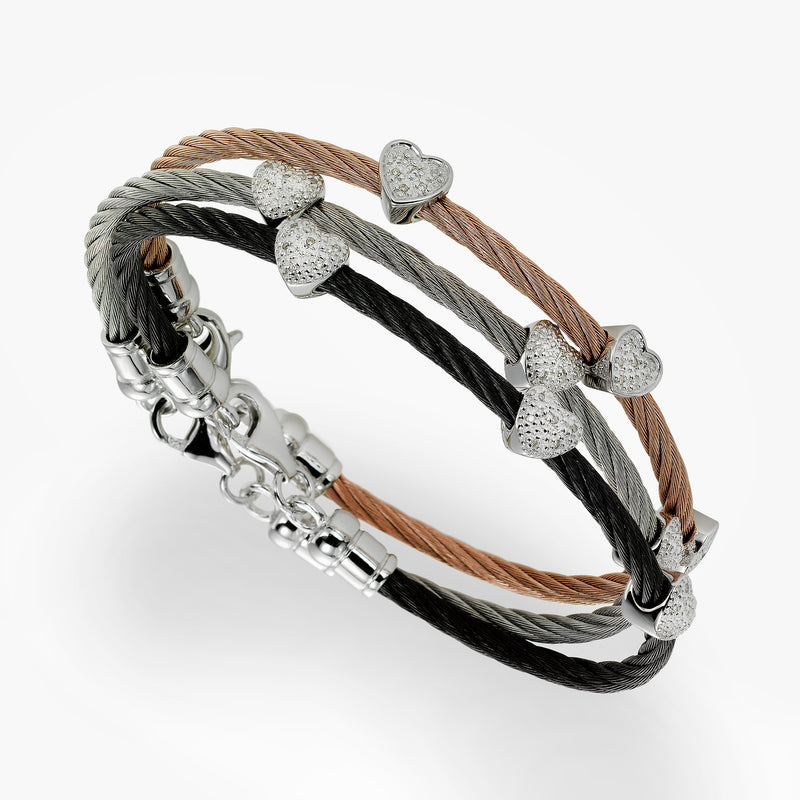 Diamond Blackenend Cable Bracelet, Steel, Sterling Silver Hearts