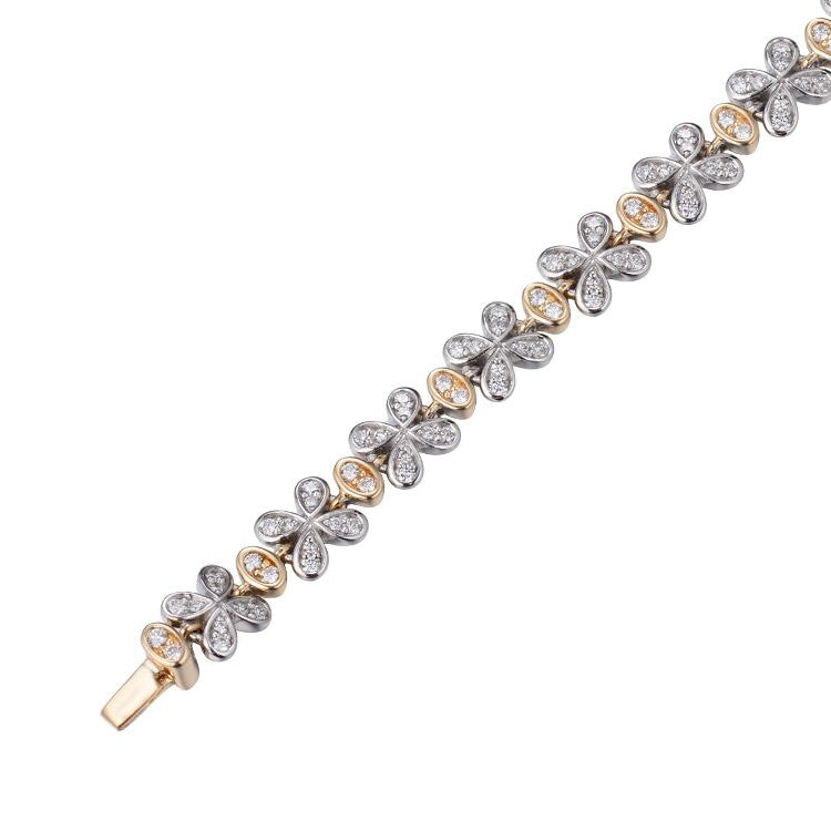 Two Tone Floral Motif Diamond Bracelet, 14 Karat Gold