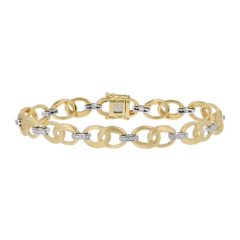 Florentine Finish and Diamond Open Link Bracelet, 14 Karat Gold