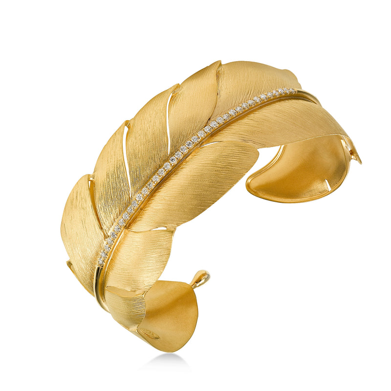 Diamond Feather Cuff Bracelet, 14K Yellow Gold