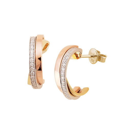 Tricolor Half Hoop Earrings with Diamonds, 18K Gold