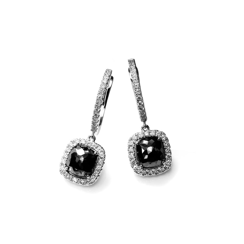 Cushion Cut Black Diamond Dangle Earrings, 14K White Gold