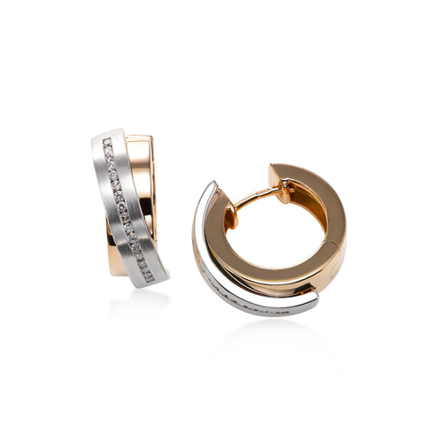 Two Tone Huggie Hoop Earrings with Diamonds, 14K Gold