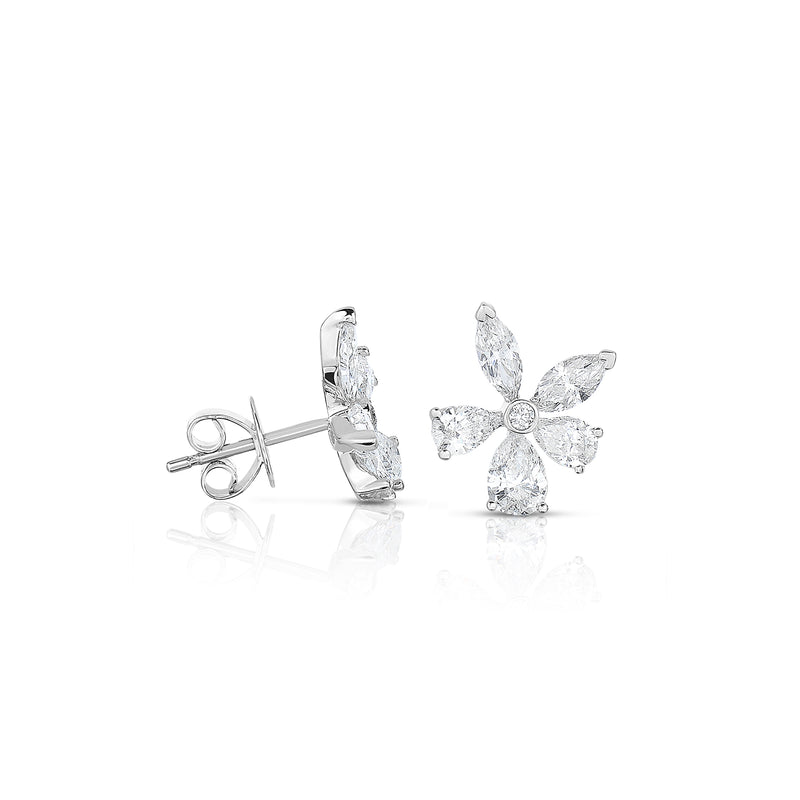 Diamond Flower Stud Earrings, 2 Carats, 14K White Gold