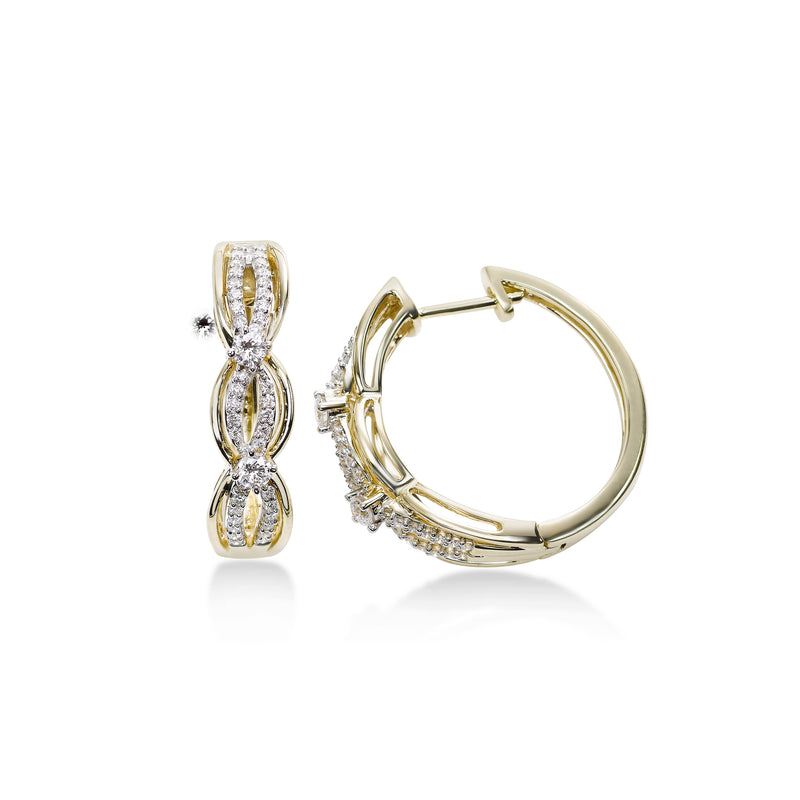 Criss Crossing Diamond Hoop Earrings, 14K Yellow Gold