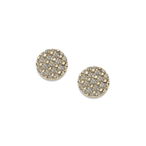 Basket Weave Diamond Disk Earrings, 14K Yellow Gold
