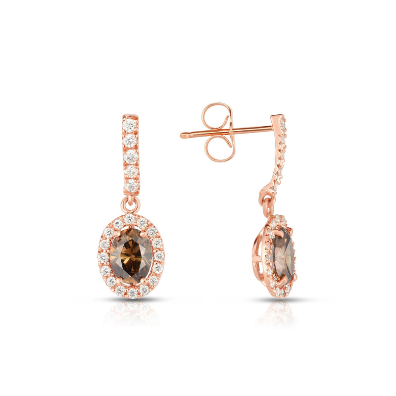 Oval Fancy Brown Diamond Drop Earrings, 14K Rose Gold