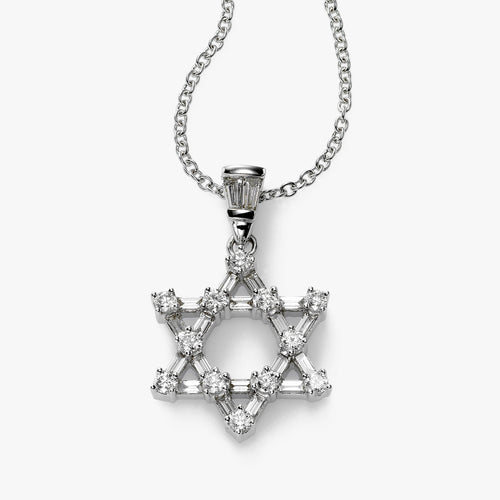 Baguette and Round Diamond Jewish Star, 18K White Gold