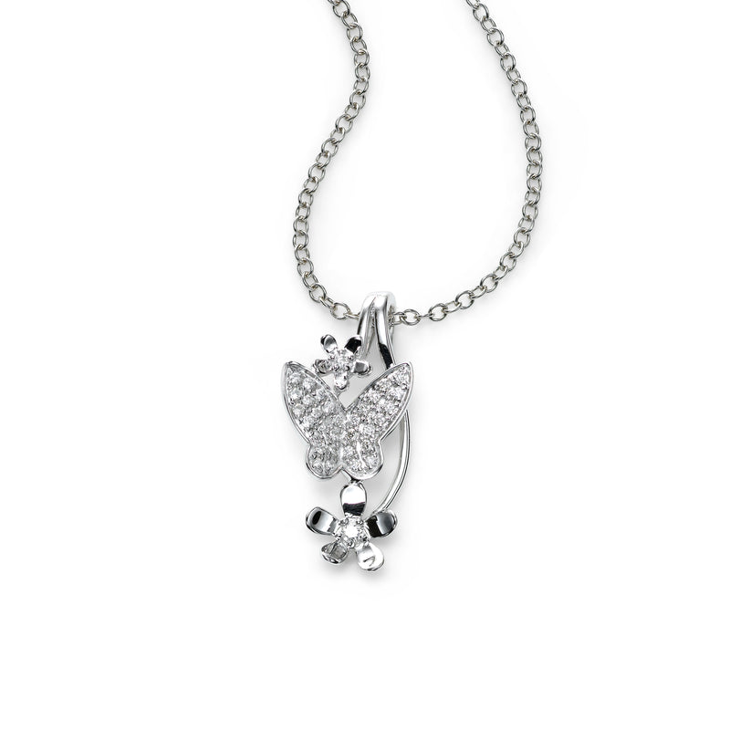 Diamond Butterfly and Flower Pendant, 14K White Gold