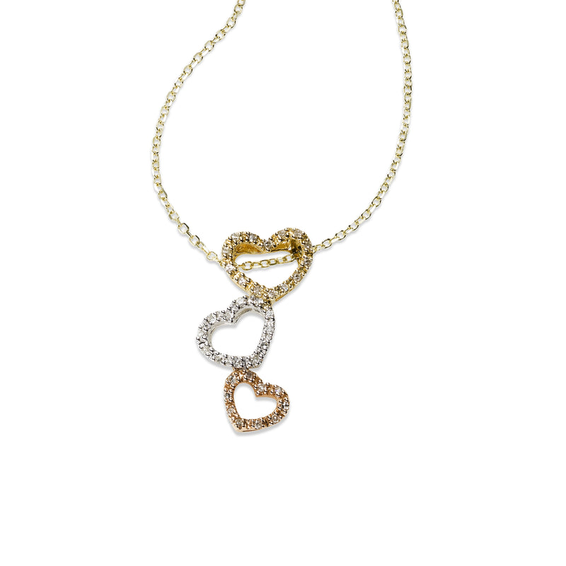 Tricolor Triple Heart Diamond Pendant, 14 Karat Gold