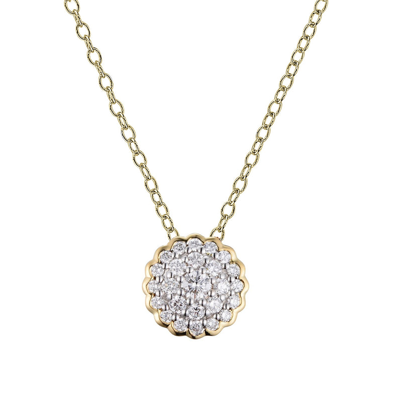Two Tone Pavé Diamond Disc Necklace, 14 Karat Gold