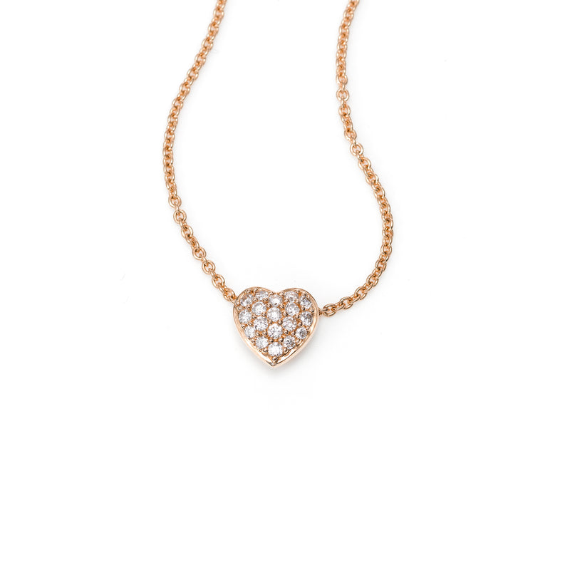 Small Pavé Diamond Heart Necklace, 14K Rose Gold